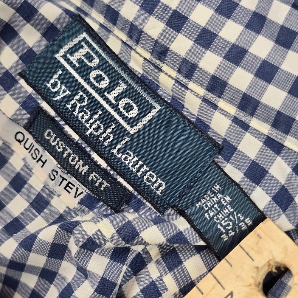 Polo Ralph Lauren Men Gingham Shirt Navy Blue White Custom Fit 15.5 34/35 Cotton - Picture 7 of 9